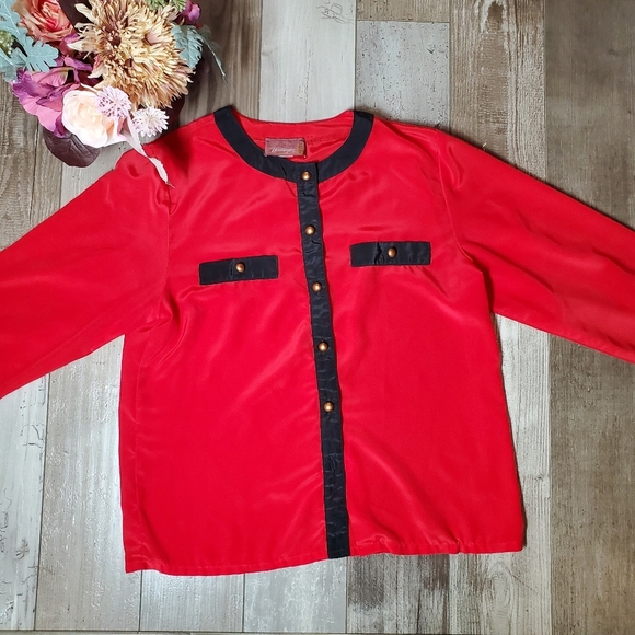 Worthington Petite Size 6 Red and Black Lightweight Button Up Blouse EUC - Picture 3 of 16